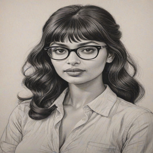 Magnificent Jameela Jamil, pencil sketch, portrait of Sublime woman 1952s in glasses, hair style beatnik, outline, clear lines, fine lines, 8k