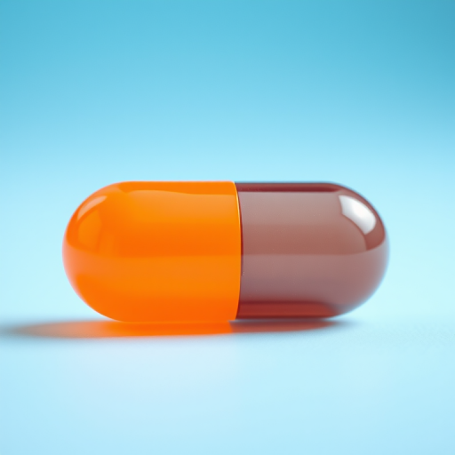 Create a high-resolution image of a capsule with one half orange and the other half blue, using a macro camera style with a 50mm lens, aperture f/2.8, ISO 100, under soft natural lighting for a clean and vivid appearance.