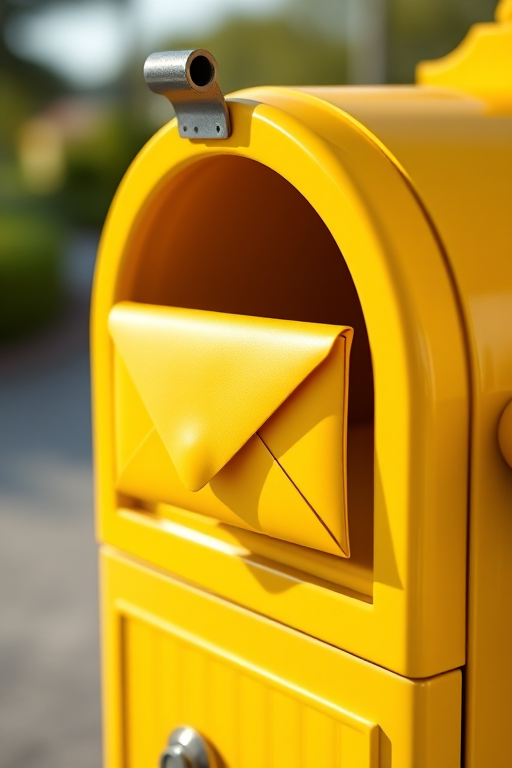 create a 3D rendering of a yellow envelope emerging from a yellow mailbox, focus on a bright and glossy finish, shot with a DSLR camera at f/2.8 aperture, 50mm lens, in natural daylight, emphasizing shadows and highlights for depth.