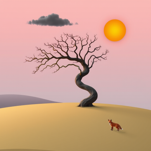 3D Geo-abstract landscape pastel muted colours. abstract tree with twisted contorted trunk. round vivid orange opaque sun in sky with single dark cloud. tiny fox. Topaz Look filter applied plus Topaz edge. Generative fill with some objects in PS.