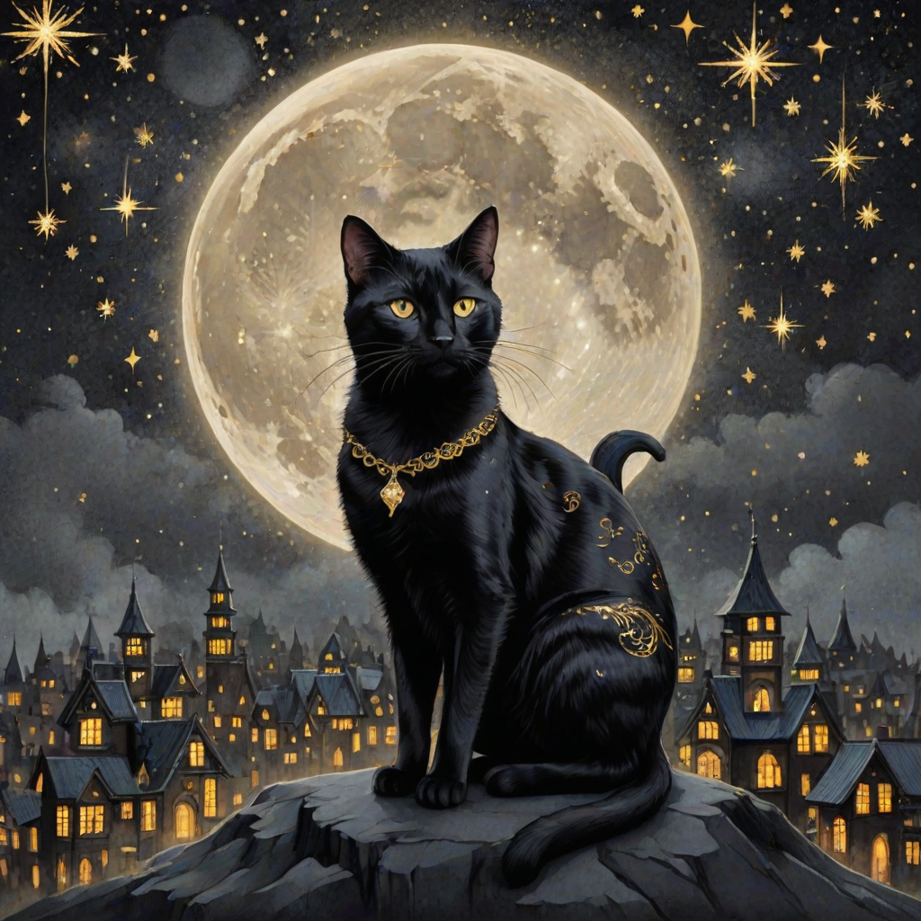 a stylized black cat with iridescent golden arabesques all over its body, on a grungy smoky black background with matching celestial designs, a full moon with silhouettes of lit houses, bright shooting stars, dazzling, magical BG, reminiscent of Christmas wonderland