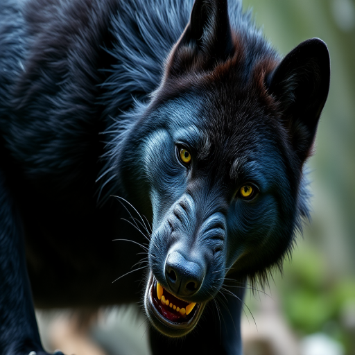 generate a highly detailed, realistic image of a muscular black wolf-like creature in a dynamic pose, focus on intricate fur texture and intense facial features, 50mm lens, f/2.8 aperture, ISO 100, low angle view, high dynamic range imaging, digital SLR camera