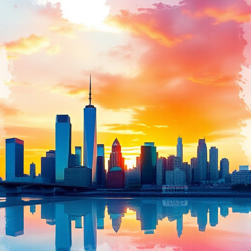 Generate a vibrant watercolor skyline of a city at sunset, capturing the reflection on water, with the camera set to 50mm lens, aperture f/8, shutter speed 1/125s, using a DSLR camera in landscape mode for enhanced depth and detail.