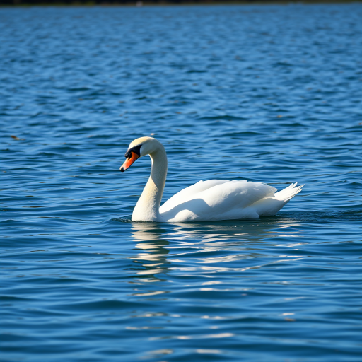 A majestic white swan gracefully gliding across a serene blue lake on a sunny day, photographed with a Canon EOS 5D Mark IV, 85mm f/1.8 lens, aperture f/2.8, ISO 100, shutter speed 1/200, soft natural lighting, shallow depth of field.