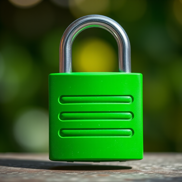 Create a high-resolution image of a green padlock with three horizontal lines on its surface, using a DSLR camera with a 50mm lens, aperture set to f/2.8 for a shallow depth of field, and a soft-focus background to emphasize the padlock, shot in natural lighting from a slightly elevated angle.