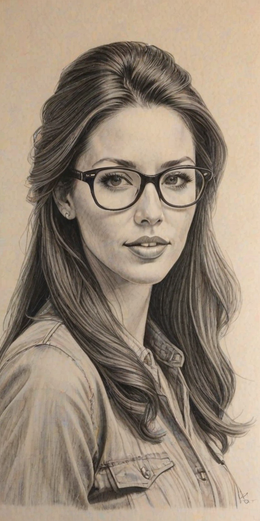 Magnificent Shannon Elizabeth, pencil sketch, portrait of Attractive woman 1977s in glasses, hair style beatnik, outline, clear lines, fine lines, 8k
