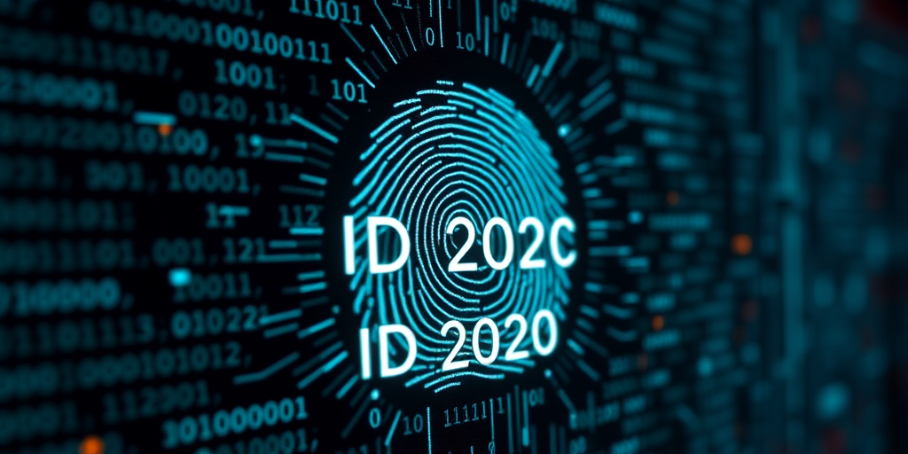 Create a digital artwork featuring a glowing fingerprint surrounded by streams of binary code, emphasizing the text "ID 2020" in a futuristic font, captured with a DSLR camera at f/1.8 aperture, ISO 100, 1/200 sec shutter speed, with a low-angle view and a macro lens to enhance image quality and depth.