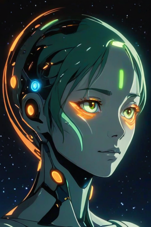 Anime screencap featuring a Minimalist and abstract side profile of a robot woman with a universe sprouting from her mind as she opens her eyes and attains consciousness for the first time in the dark. She has beautiful and intelligent bright orange eyes brimming with knowledge and benevolence. Mostly in hues of blue and green