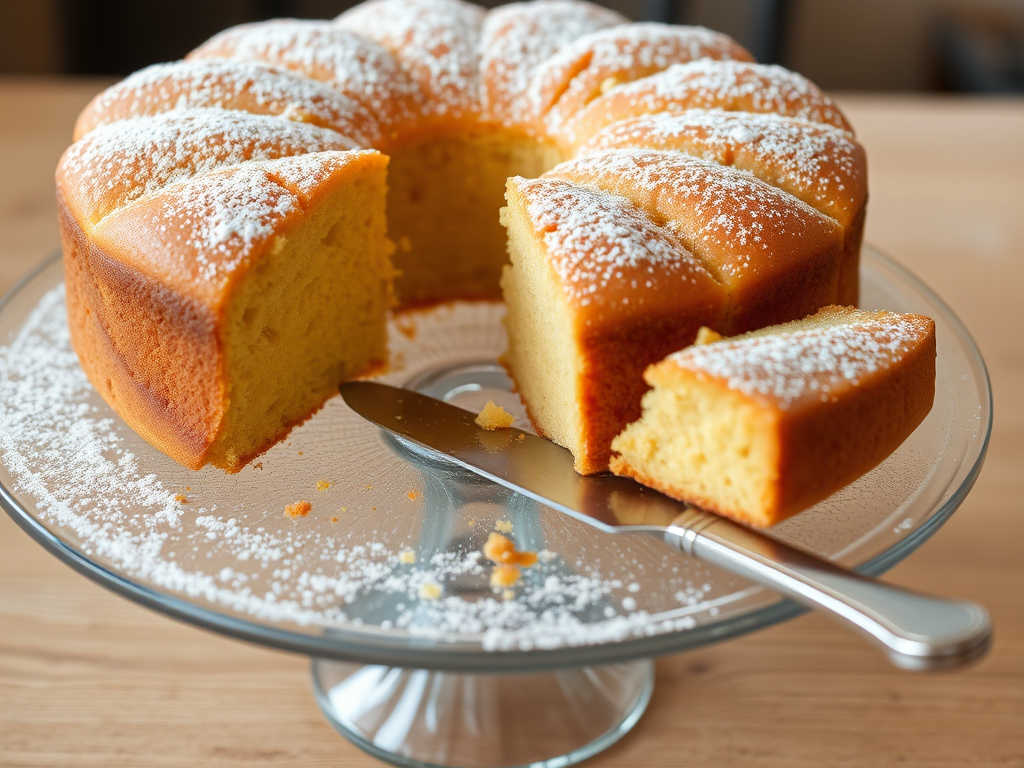 A freshly baked golden cake dusted with powdered sugar on a glass cake stand with a slice cut out and a knife resting beside it.