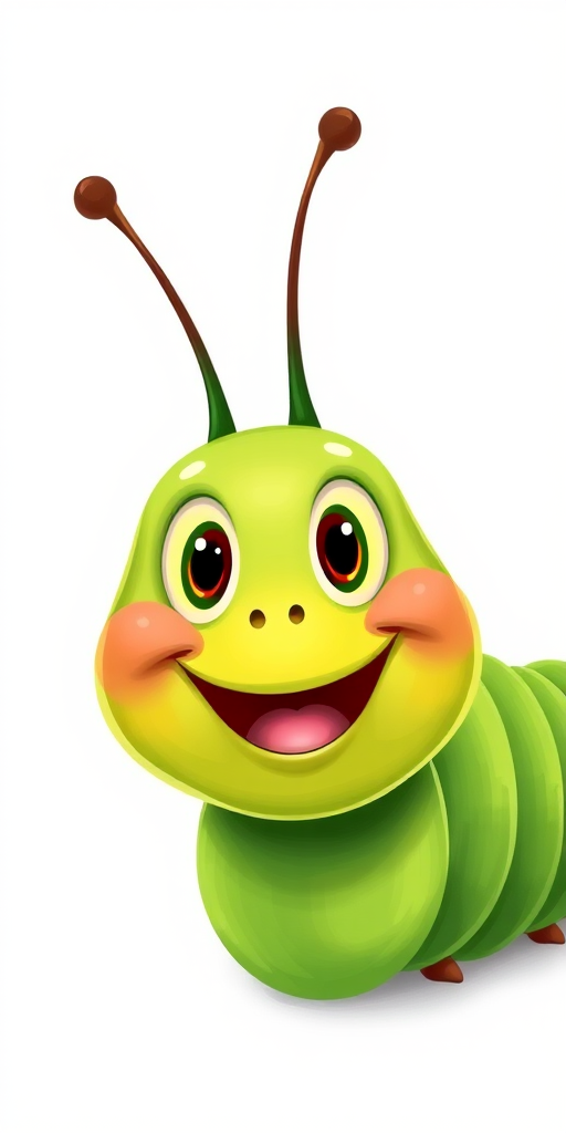 Create a vibrant illustration of a friendly green caterpillar with a cheerful expression on a white background, using a digital art style, with high-resolution settings, 300 DPI, in a close-up view to enhance color depth and detail.