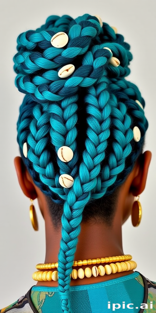Bold teal and turquoise box braids styled in an intricate updo featuring cowrie shells and gold cuffs, called "Mermaid's Treasure" celebrating cultural heritage and ocean inspiration