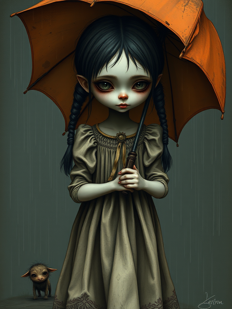 An eerie, weird little girl with dark hair in thin pigtails, wearing a smock dress, standing in the rain, holding a dirty orange umbrella, a small, odd creature beside her. In a surreal style inspired by Nicoletta Ceccoli and Brian Froud. Dark fantasy themes