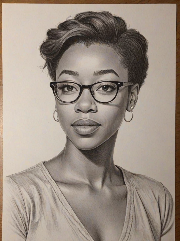 Exquisite Samira Wiley, pencil sketch, portrait of Superb woman 1956s in glasses, hair style beatnik, outline, clear lines, fine lines, 8k