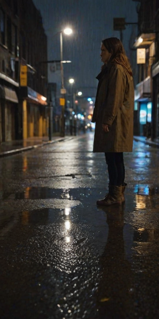 Rainy urban street at night, a woman stands under a streetlight, her reflection visible in the puddle at her feet as raindrops ripple across the surface.