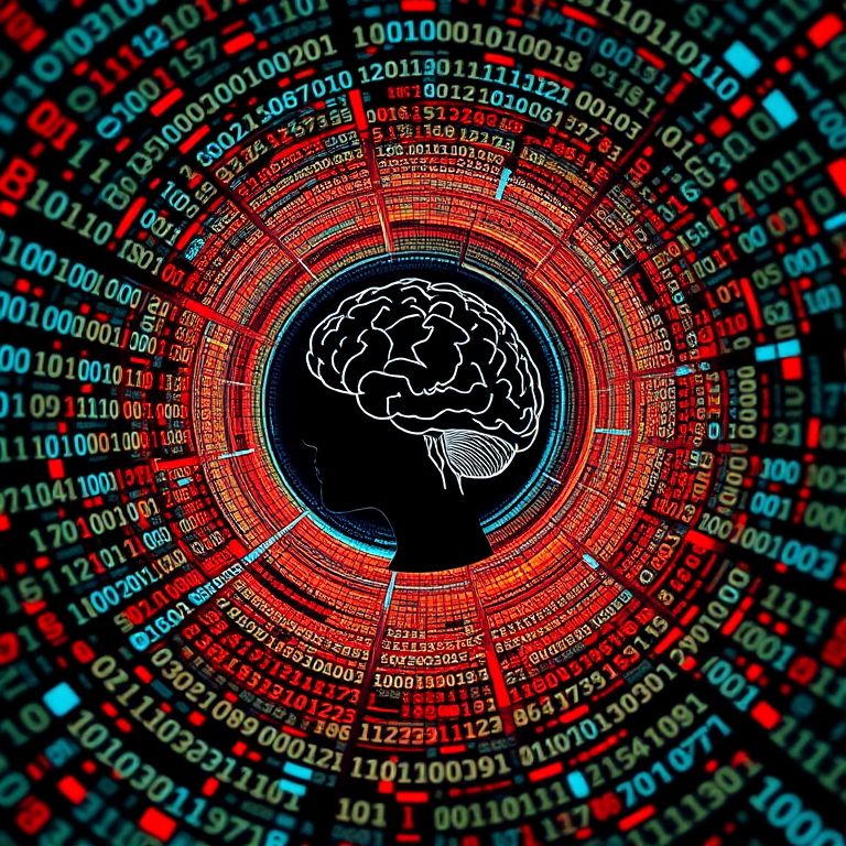 Create a digital artwork of a swirling vortex of binary code with a human brain silhouette at the center, using a Canon EOS R5 camera, with a focal length of 50mm, aperture set to f/1.8, ISO 100, and a dynamic angle to emphasize motion and depth while enhancing color vibrancy and clarity.