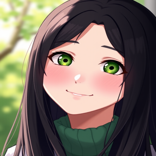 Generate a high-resolution digital illustration of a smiling female character with long black hair and bright green eyes, using a Canon EOS R5 camera, 50mm lens, f/1.8 aperture, ISO 100, in portrait orientation, soft natural lighting to enhance facial features.
