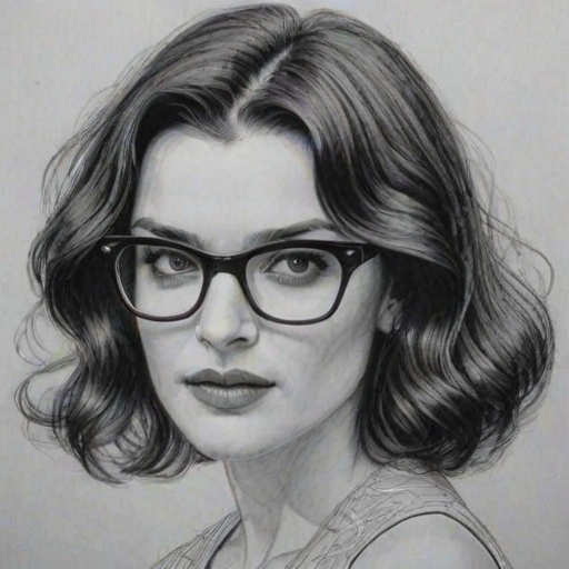 Stunning Rachel Weisz, pencil sketch, portrait of Pleasing woman 1927s in glasses, hair style beatnik, outline, clear lines, fine lines, 8k