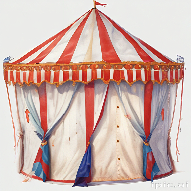 Vibrant Red and White Striped Circus Tent with Colorful Banners and Flags