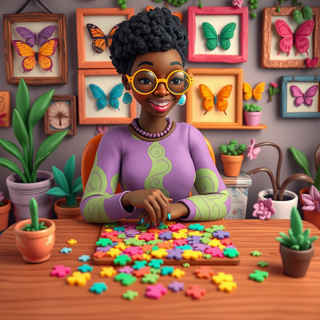 A vibrant and whimsical illustration of an african american woman sitting at a table working on a colorful jigsaw puzzle. she is wearing round glasses, and patterned clothing in shades of purple and green.  The background features an eclectic collection of framed butterflies, potted plants, and other natural elements, creating a warm and inviting atmosphere. The style is playful and modern, with rich textures, intricate details, and a lively color palette.