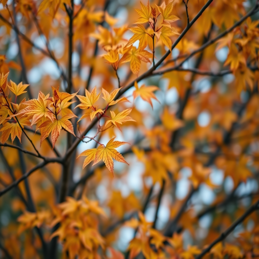 Regenerate an autumn tree with vibrant orange and yellow leaves, using a DSLR camera at f/8 aperture, 50mm lens, 1/200 sec shutter speed, in macro view, with natural lighting for enhanced color saturation.