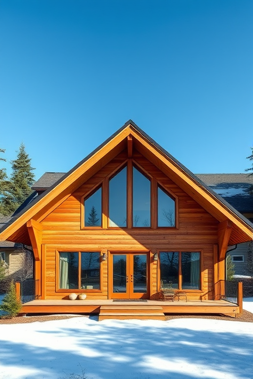 Generate a high-resolution image of a modern wooden cabin with steeply pitched roofs and large windows, shot with a DSLR camera at f/8 aperture, ISO 200, and a shutter speed of 1/250 sec, using a wide-angle lens for a dynamic view in natural lighting.