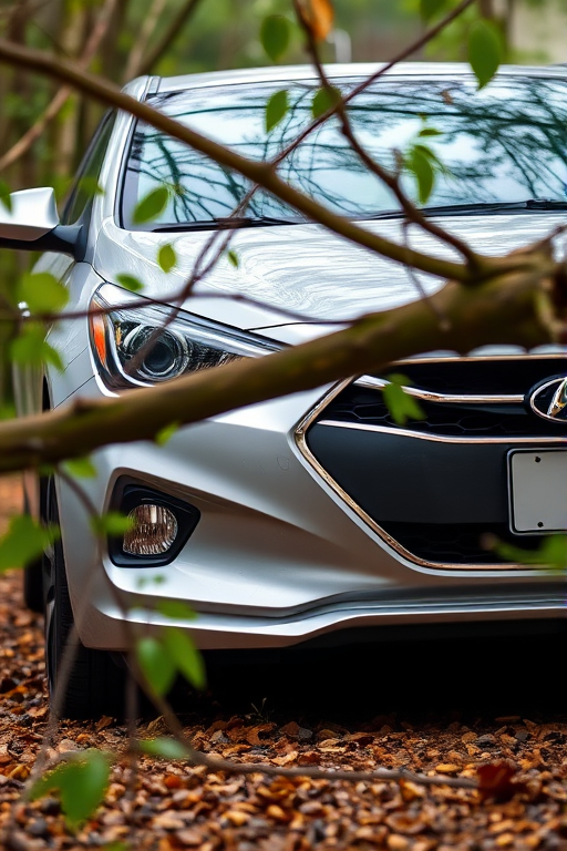 Capture a high-resolution image of a silver Hyundai sedan partially obstructed by a fallen tree branch, with a shallow depth of field, using a DSLR camera set to f/2.8, ISO 100, and 1/200 sec shutter speed for sharp detail and vibrant colors, from a slightly elevated angle to showcase the car and branch interaction.