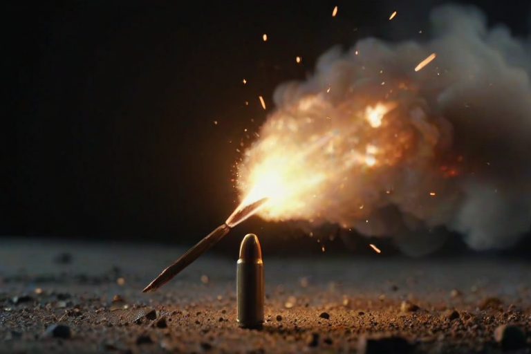cinematic film still of a large bullet  is being blown by a fire, no humans, black background, realistic, space, explosion, fire in background, shallow depth of field, vignette, highly detailed, high budget, bokeh, cinemascope, moody, epic, gorgeous, film grain, grainy
