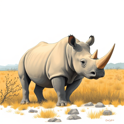 Create a high-resolution illustration of a rhinoceros in a natural setting, using a DSLR camera with a 50mm lens, aperture set to f/8, ISO 200, and a slight vignette effect.