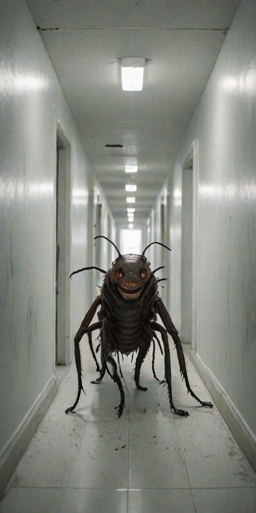 a crooked male with long arms and a creepy smile is crawling along a long white corridor and you can also see cockroaches in it there is a creepy atmosphere creepy art style