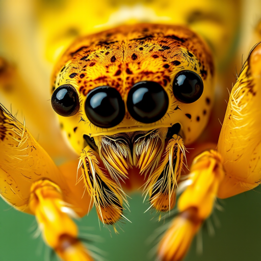 macro shot of a yellow spider with detailed focus on eyes and texture, natural light, aperture f/2.8, shutter speed 1/200, ISO 100, 100mm macro lens, captured at eye level