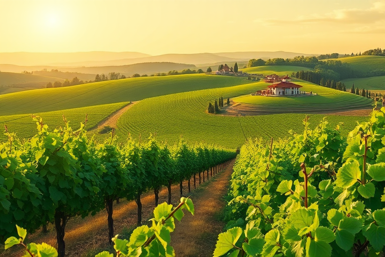 Create a panoramic illustration of lush green vineyards under a soft yellow sky, focusing on rolling hills and farmhouses in the background, with sharp details and vibrant colors; use a DSLR camera at f/8, 1/250 sec, ISO 100, wide-angle lens, with a soft focus style for a serene atmosphere.