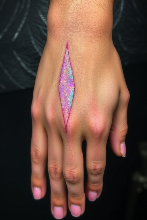 Holographic foil effect tattoo on the back of the hand, utilizing specialized ink and techniques to create a shimmering, color-shifting illusion that catches the light