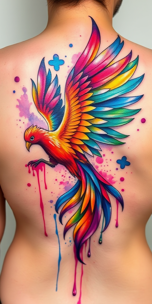 Vibrant watercolor tattoo named "Spectrum Splash" featuring a soaring phoenix with rainbow feathers, dripping paint effects, and iridescent highlights, perfect for those seeking a bold and artistic statement piece on their back