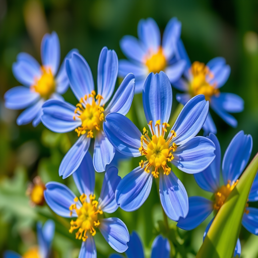 Create a vibrant and detailed illustration of blue flowers with yellow centers and green leaves, using a macro lens at f/2.8 for shallow depth of field, with natural light to enhance colors, shot from a slightly elevated angle with a DSLR camera for high resolution imagery.