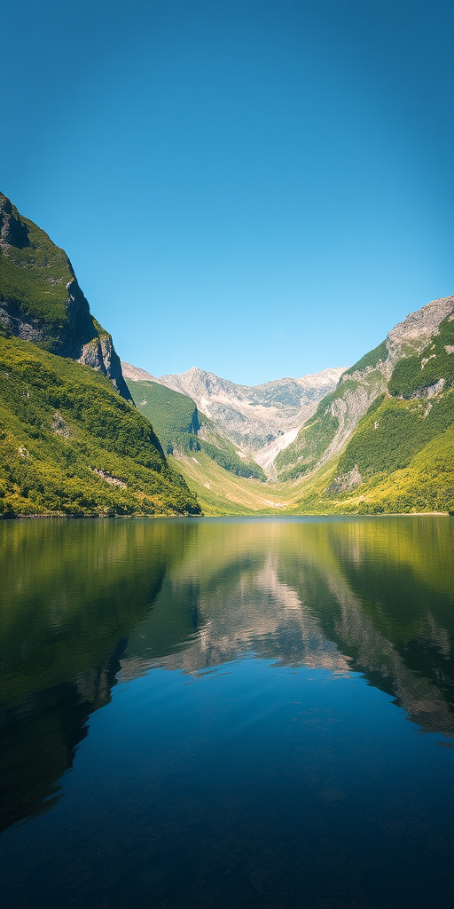 Create a highly detailed image of a serene landscape featuring a tranquil lake surrounded by lush green mountains, with a clear blue sky reflecting on the water, shot with a Canon EOS R5 at f/8, ISO 100, 1/125 sec, using a wide-angle lens from a low angle viewpoint for enhanced depth and clarity.