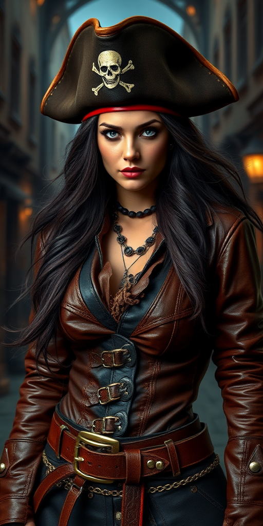 Create a portrait of a fierce female pirate. She wears a leather tricorn hat adorned with a skull and crossbones emblem, and her long, dark hair flows around her face. Her outfit consists of a richly detailed leather jacket, a corset, and multiple layers of belts and accessories, giving her a formidable and stylish appearance. She stands confidently in a dimly lit, historic port town, with a backdrop of weathered buildings and cobblestone streets, capturing the adventurous spirit of a pirate.