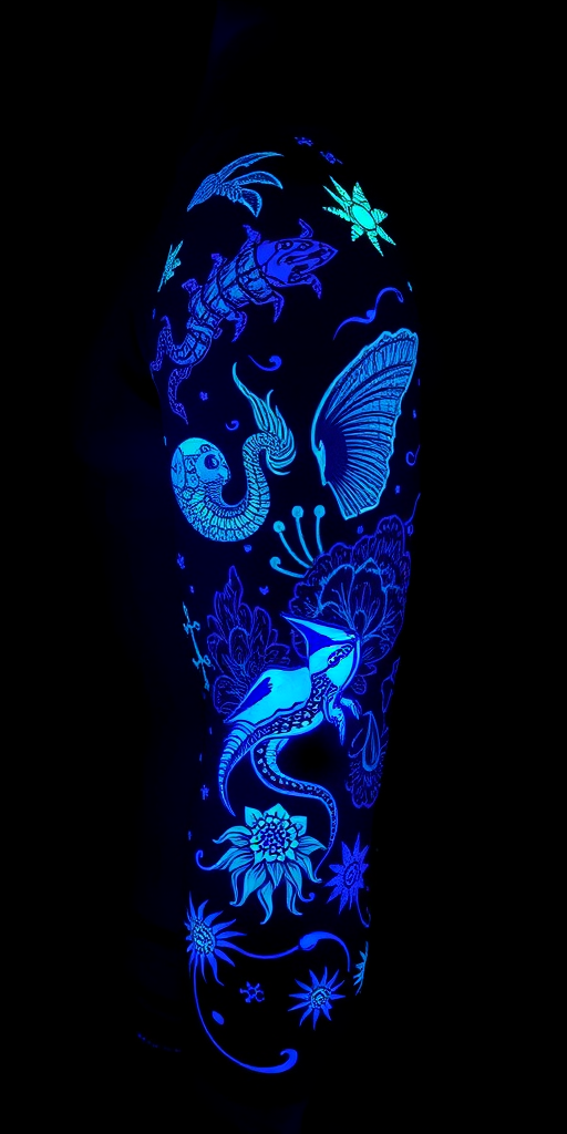 Glow-in-the-dark tattoo titled "Bioluminescent Symphony" incorporating UV-reactive ink to create a hidden layer of glowing patterns and creatures visible only under blacklight