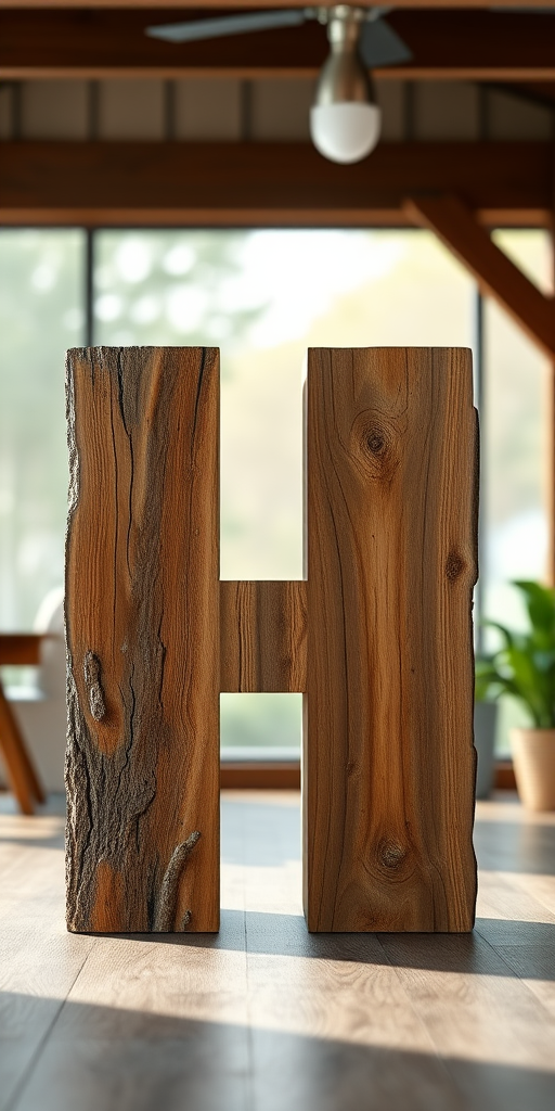 Generate an image of a large wooden letter "H" with a textured bark finish, captured with a DSLR camera at f/2.8 aperture, ISO 100, 50mm lens, from a straight-on angle in natural light, with shallow depth of field for a soft background blur to enhance the detail in the wood grain.