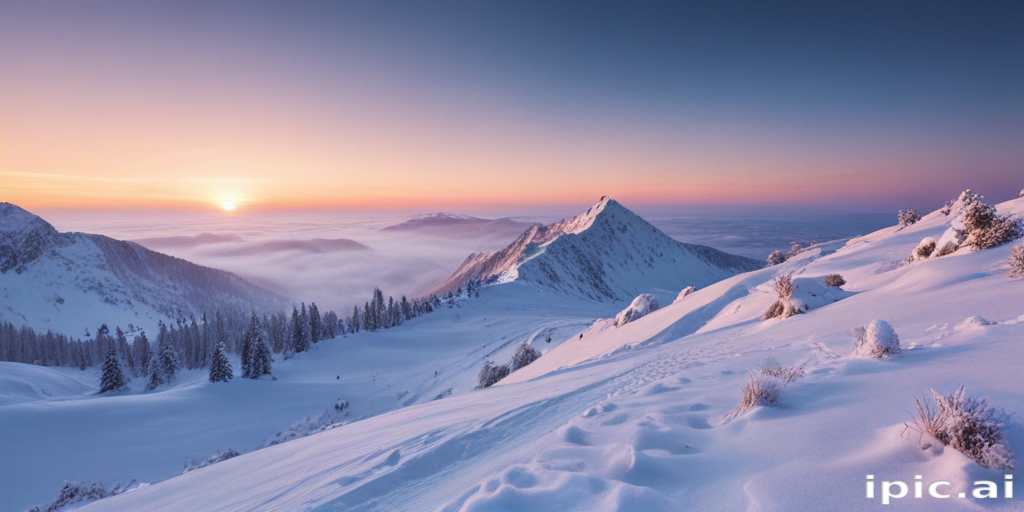 A Breathtaking Winter Sunrise Over Snow-Covered Mountain Peaks and Pines