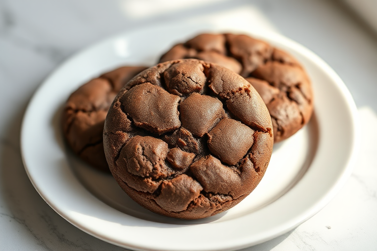 Generate a high-resolution image of three round chocolate cookies on a white plate, taken with a DSLR camera at f/2.8, 50mm lens, in soft natural lighting, with a shallow depth of field to highlight the cookies.