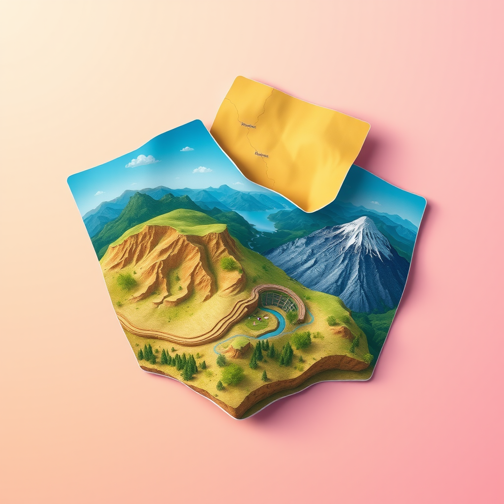 Create a vibrant digital illustration of three overlapping maps with scenic landscapes, use a DSLR camera with a 50mm lens, aperture f/1.8, ISO 100, in a flat lay view, high contrast colors, sharp details, and a soft gradient background for enhanced visual impact.