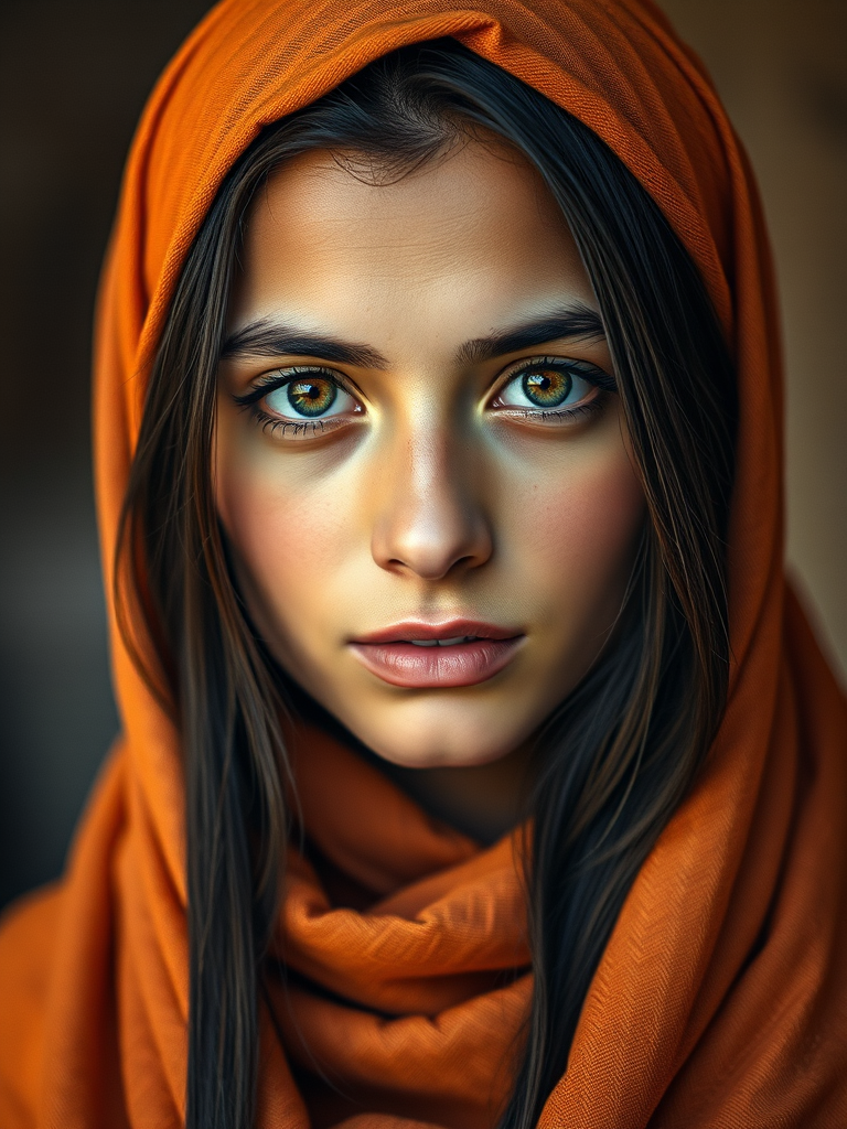 Create a portrait of a young Druze female with long, dark hair and captivating hazel eyes. She is wearing a orange headscarf and a matching scarf draped gracefully around her neck. The background is softly blurred, focusing attention on her serene and natural expression. The overall color palette is muted and warm, enhancing the intimate and authentic feel of the portrait.