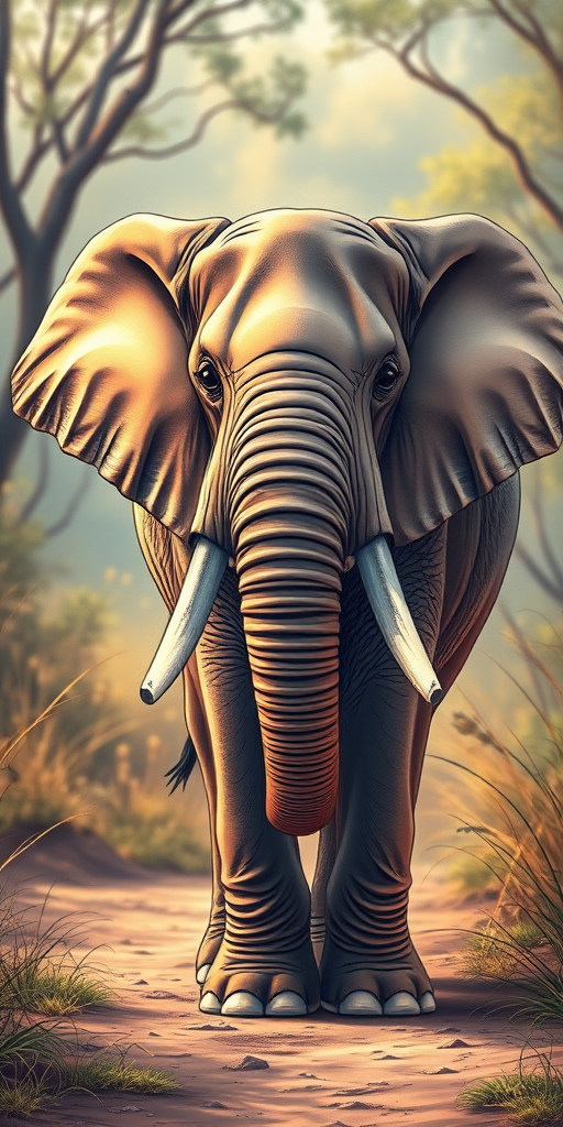 Create a detailed illustration of a standing elephant in a natural setting with soft lighting, using a DSLR camera with a 50mm lens, aperture f/2.8, ISO 100, shooting in portrait mode for enhanced depth of field and clarity.