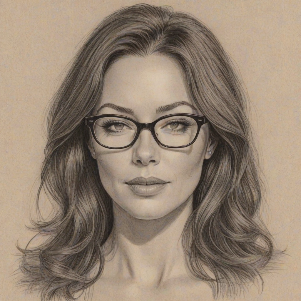 Exquisite Lynn Collins, pencil sketch, portrait of Bewitching woman 1964s in glasses, hair style beatnik, outline, clear lines, fine lines, 8k