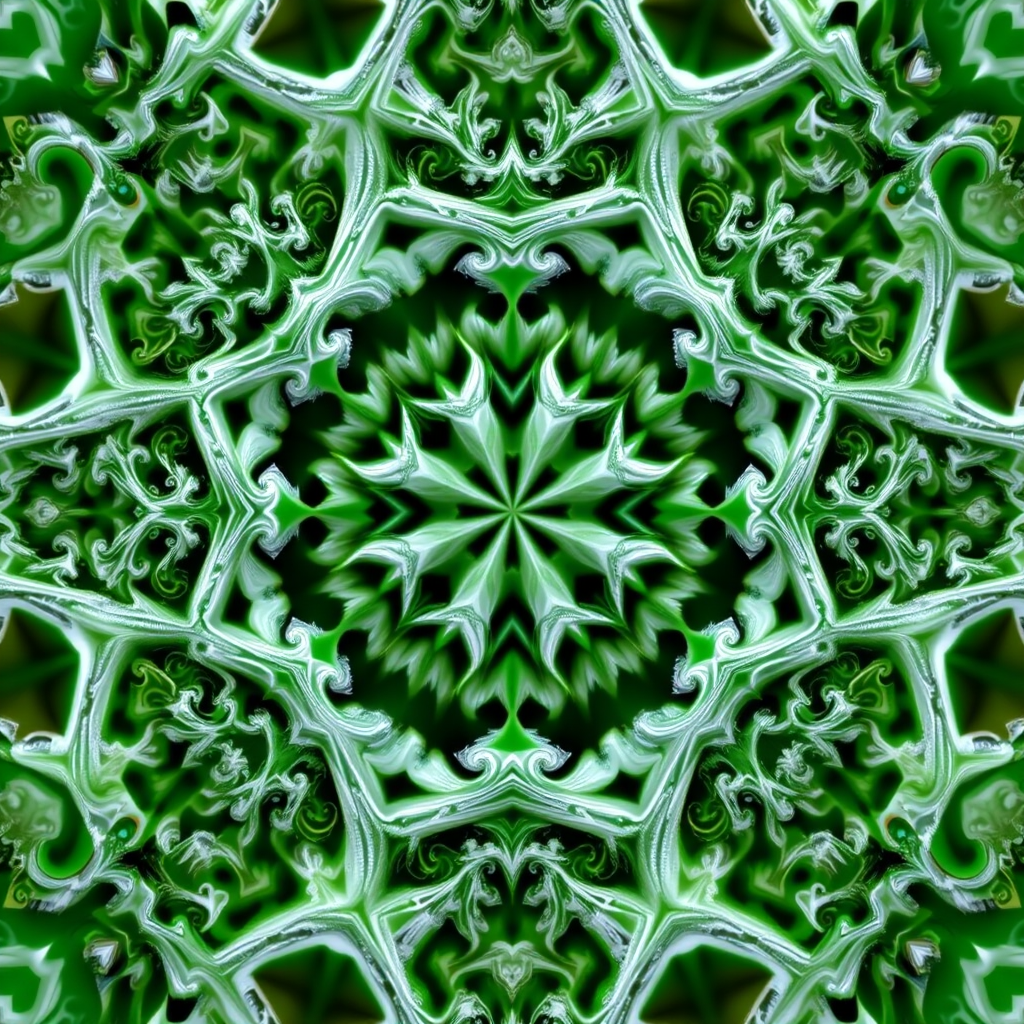 Create a high-resolution abstract fractal image with intricate white and green patterns, using a DSLR camera with a 50mm lens, aperture f/8, ISO 100, and a soft focus effect to enhance texture and depth.
