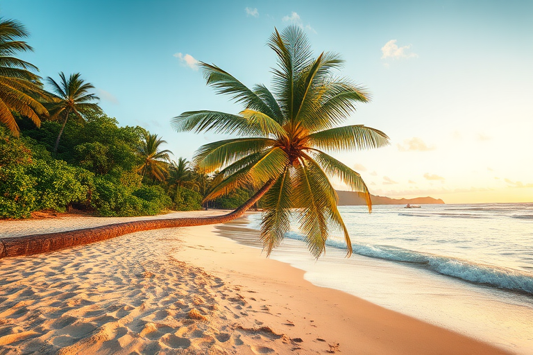 generate a high-resolution image of a tropical beach scene featuring a leaning palm tree with lush green foliage in the background during golden hour, use a DSLR camera with a 24mm lens, aperture f/8, ISO 100, shutter speed 1/200s, wide-angle view for enhanced detail and clarity