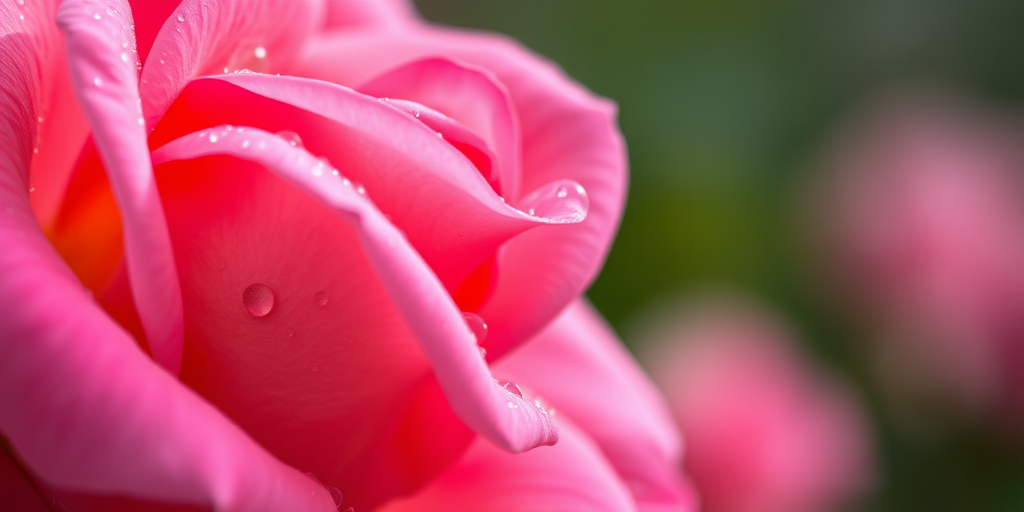 close-up of a pink rose with dewdrops, soft focus background, ISO 100, f/2.8, shutter speed 1/200, macro lens, natural light, DSLR camera