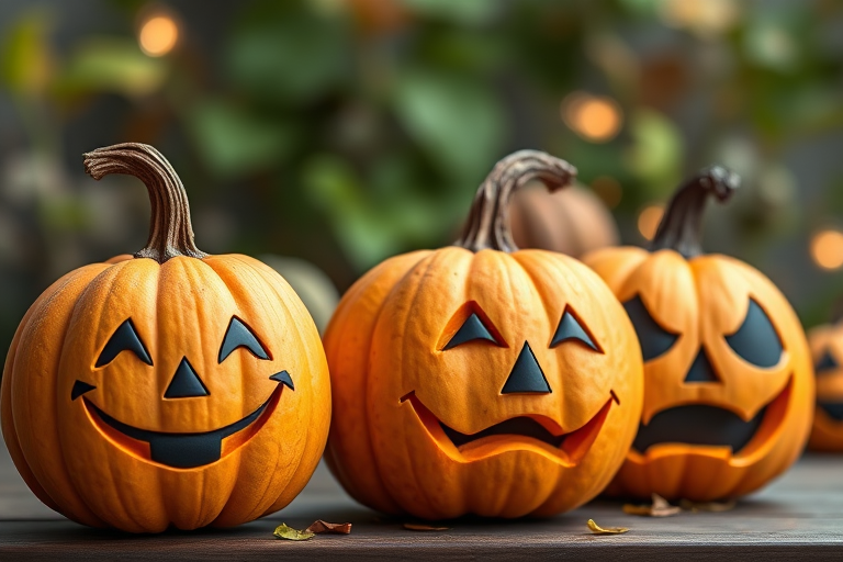 Create an image of four cartoon-style pumpkins with different facial expressions including a happy face, a sad face, a mischievous face, and a spooky face, using a Canon EOS 5D Mark IV camera, 50mm lens, aperture f/1.8, ISO 100, and soft natural lighting for enhanced image quality.