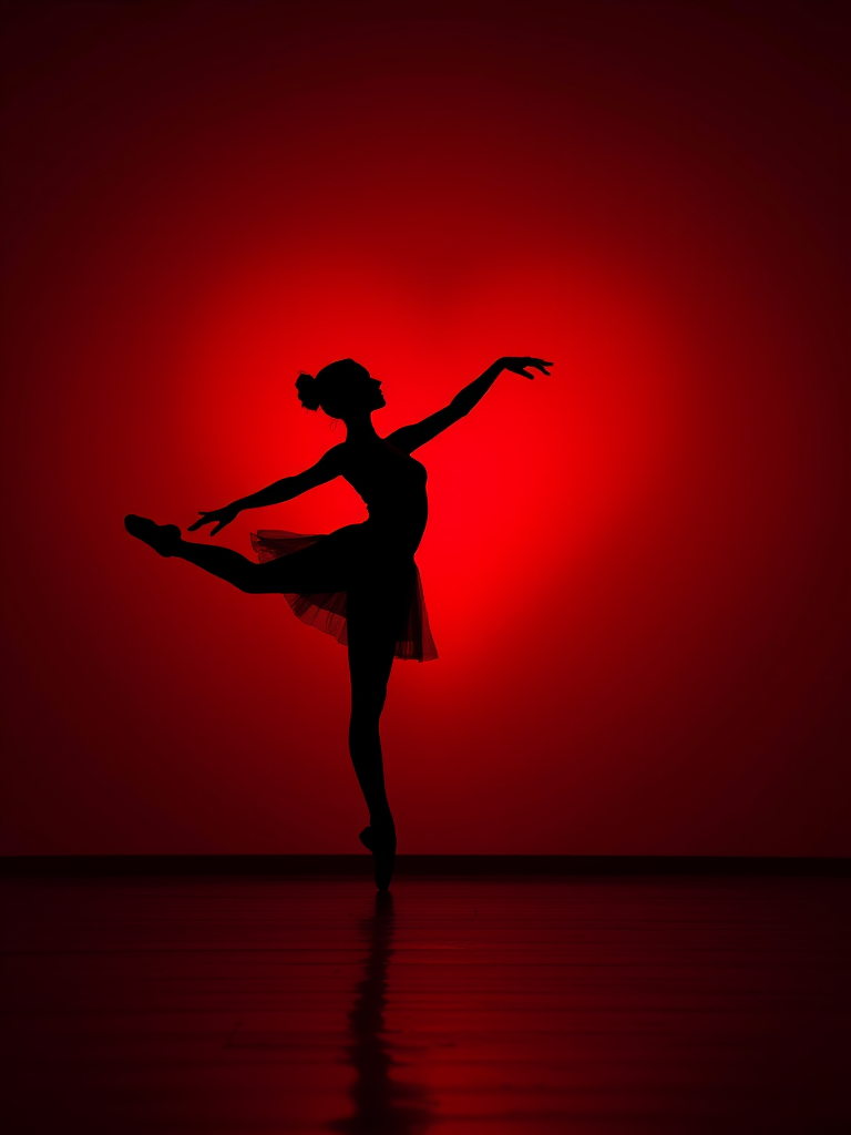 Create an image of a ballet dancer performing en pointe in silhouette against a large red heart, using a Canon EOS R5 with a 50mm lens, aperture f/2.8, ISO 100, and a shallow depth of field for enhanced sharpness and vibrancy.