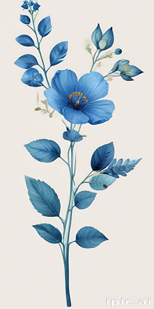 Delicate Blue Floral Arrangement with Leaves and Buds on a Soft Background